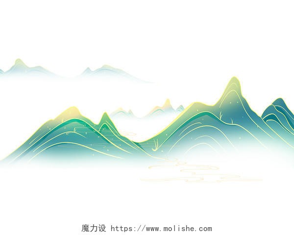 绿色手绘古风国潮中国风水墨风山元素PNG素材
